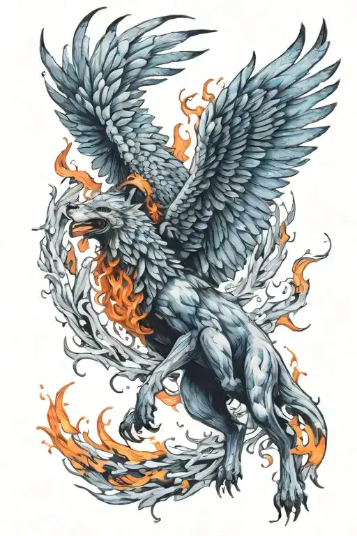 A Flaming Phoenix Rising From The Ashes Fighting A Blue Strong Wolf