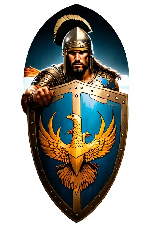 Spartan Holding A Shield With A Phoenix Drawn On It In His Hand