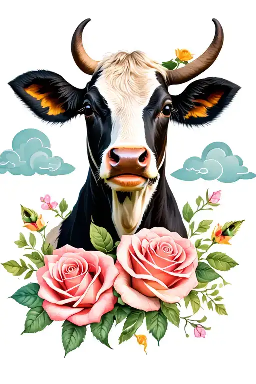 Cute Baby Hyland Cow Head And Roses And Clouds