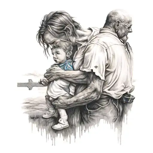 Little Girl Walking Dad To Heaven Holding Hands With Cross And A Blue Crying Eye