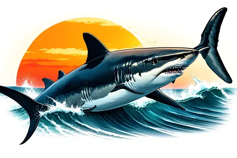 A Realistic Shark With The Ocean And A Sunset On The Sharks Body