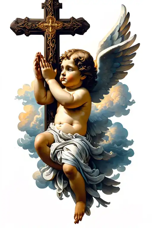 Cherub Praying With Cross And Clouds Intertwined