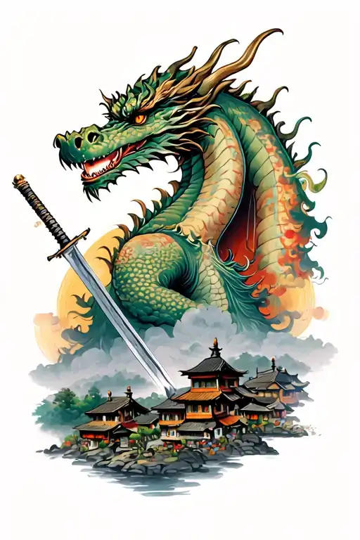 Dragon Head In The Back With A Katana And A Village In The Bottom