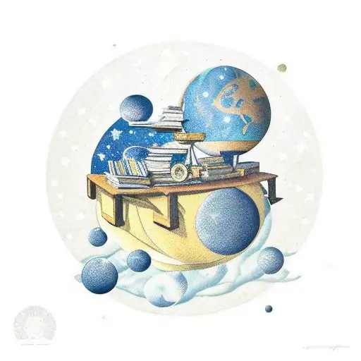 Book Stack With Globe And Old Vespa And A Starry Sky With Pisces