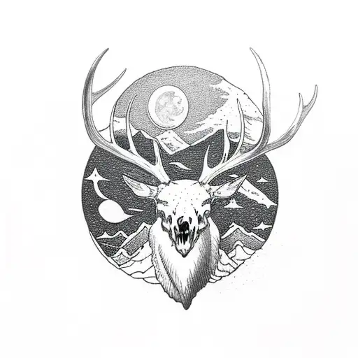 Elk Skull With Mountains And Moon Within The Antlers
