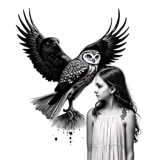 Girl With Owl Against The Backdrop Of Raven With Srack Wings