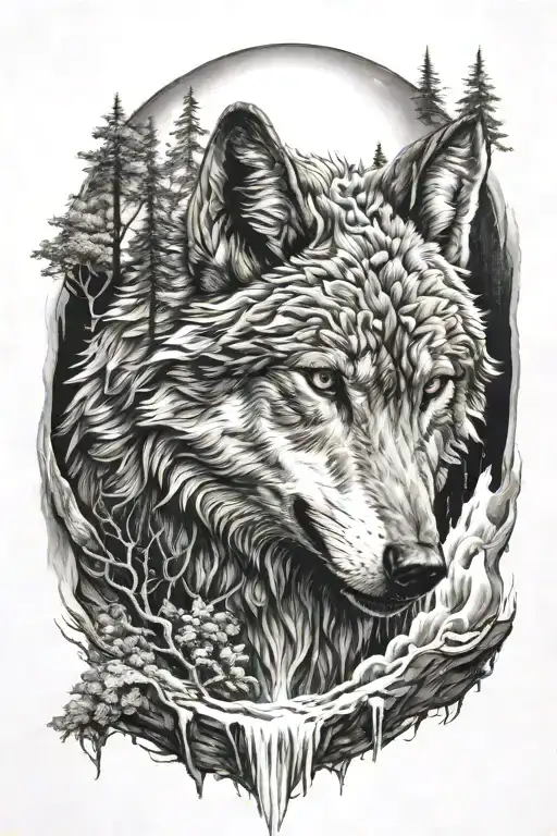 Grin Of A Wolf With The Moon And A Waterfall