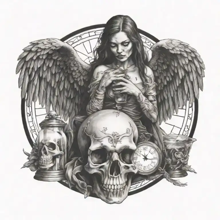 Fallen Angel Holding Hour Glass Crow