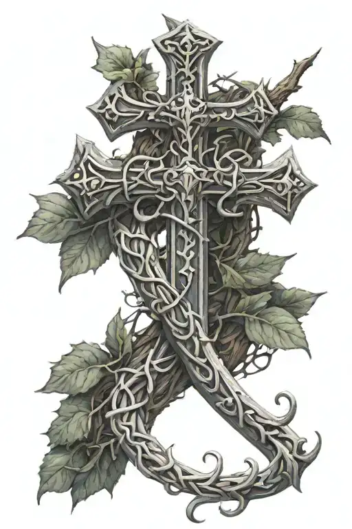 Cross Made Into A Sword Wrapped By Thorny Vine