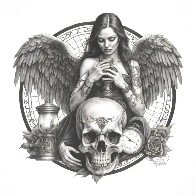 Fallen Angel Holding Hour Glass Crow