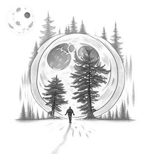 A Kid Walking In A Forest With A Moon