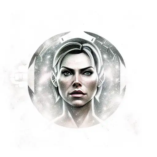 A Portrait Of Commander Shepard With The N7 Logo And A Galaxy Background