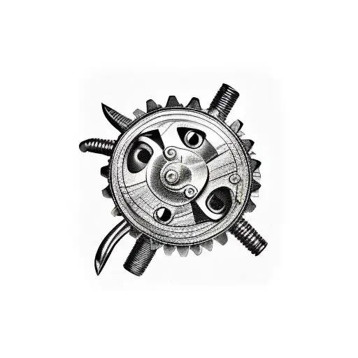 An Industrial-inspired Tattoo Of A Fishing Hook With Gears And Mechanical Elements