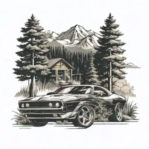 A Tattoo Design Featuring A Sleek Modern Car Surrounded By Nature Elements Like Trees And Mountains