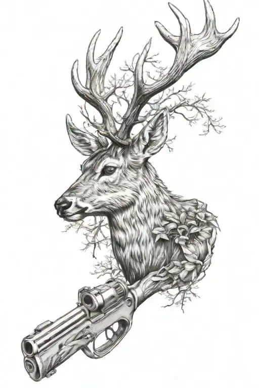 Deer Head In Forest With Gun Shooting