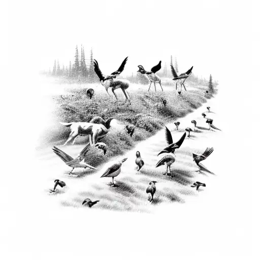 A Pack Of Hunting Dogs Chasing A Flock Of Birds In A Detailed Woodland Setting
