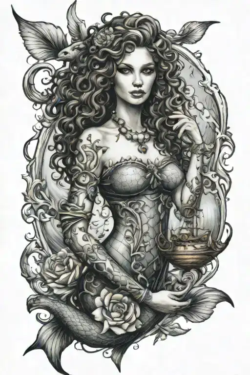 A Mermaid With Curls Holds A Vase In Her Hands And In The Background Is A Ship