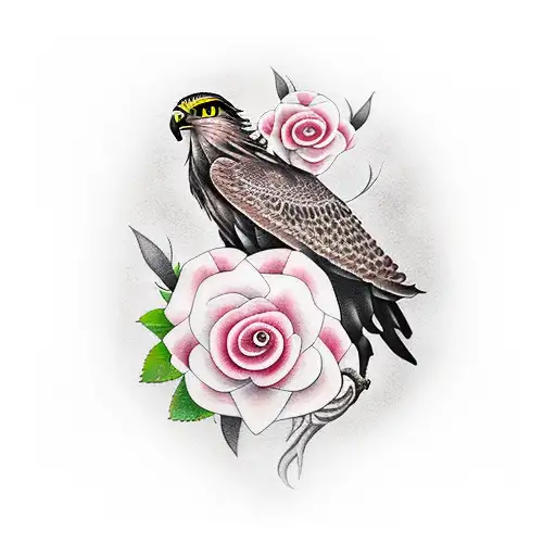 Large Hawk Tattoo Surrounded With Cherry Blossom With Rose At The Bottom