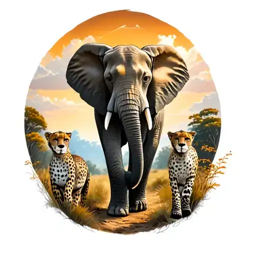 Elephant And Cheetah Walking Surrounded By Nature Scene