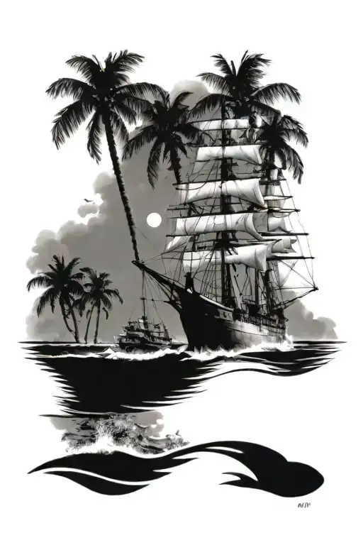A Navy Ship Sailing Towards A Beach Lined With Palm Trees