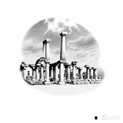 An Outdoor Scene With Ancient Ruins And Musical Notes