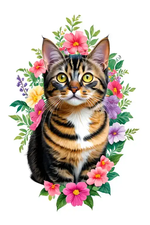 Color Cat With Flowers Around Him