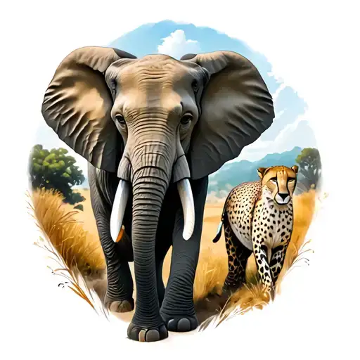 Elephant And Cheetah Walking Surrounded By Nature Scene