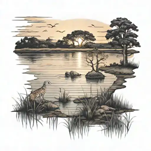 Savannah Under A Sunset At The Edge Of A Lake