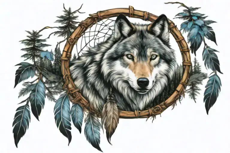 Blue Eyed Wolf Dreamcatcher With Forest Scenery