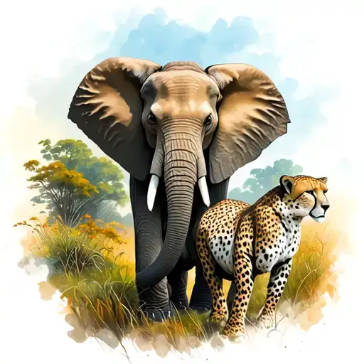 Elephant And Cheetah Walking Surrounded By Nature Scene