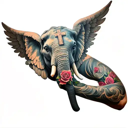 Mens Full Sleeve Of A Sideways Elephant Head With Angel Wings A Cross Roses And Waves
