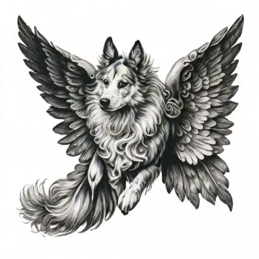 Dog With Open Wings And Tail Hanging Black And White