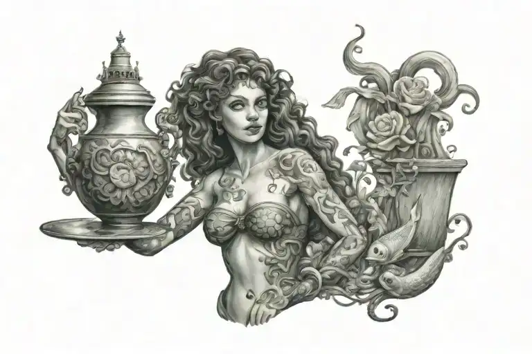 A Mermaid With Curls Holds A Vase In Her Hands And In The Background Is A Ship