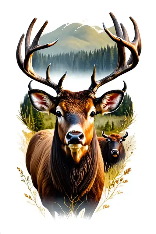 I Would Like A Deer With A Bison In A Viewfinder And A Decor Of A Nature