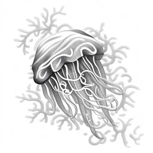 Jellyfish With Coral Background And Marine Elements