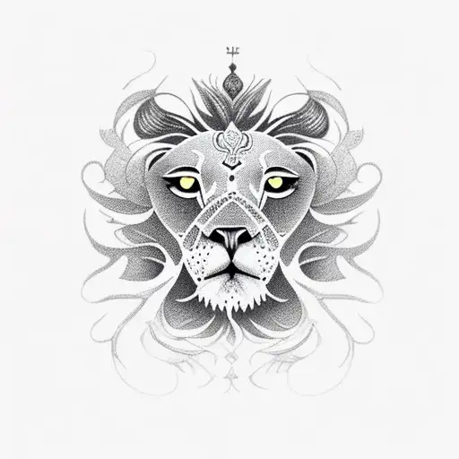 A Detailed Dotwork Portrait Of A Lion And Owl Intertwined