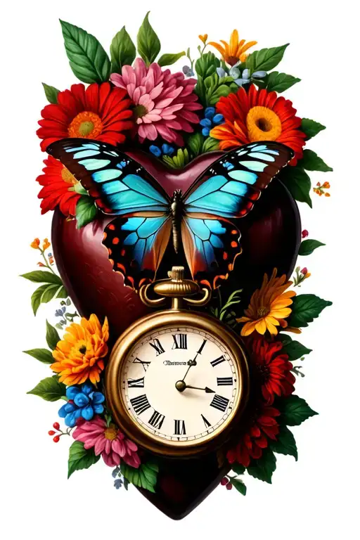 Butterfly Sitting On A Heart Stop Watch Surrounded By Flowers