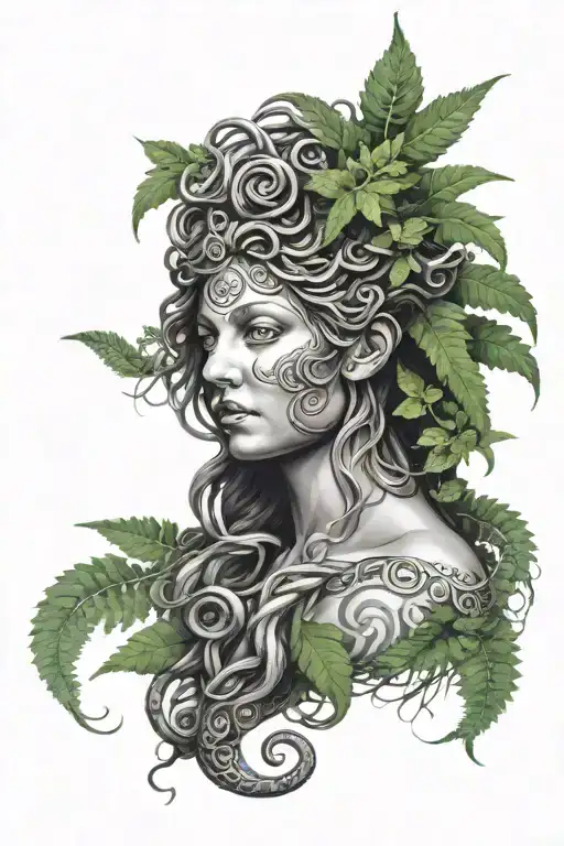 Face Of Medusa With Ferns On The Sides Of The Head