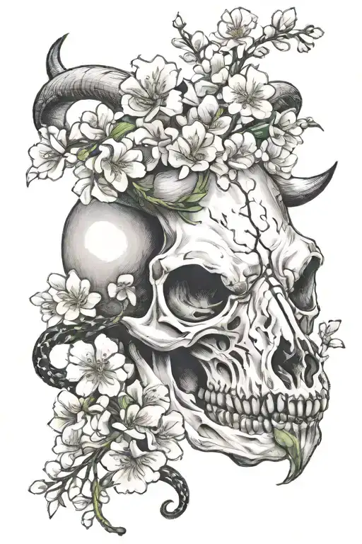 Cow Skull With Snake And Cherry Blossoms Wrapped