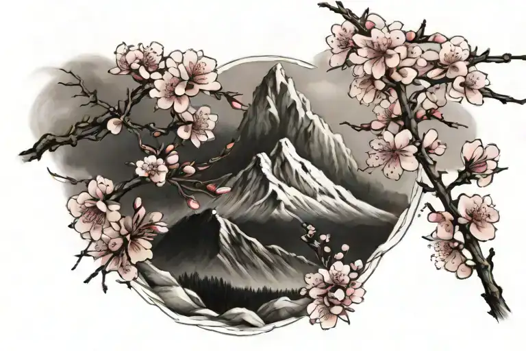 Cherry Blossom And Mountain Range