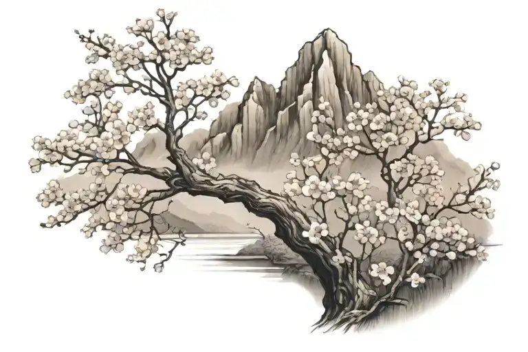 Cherry Blossom Tree And Mountain Range