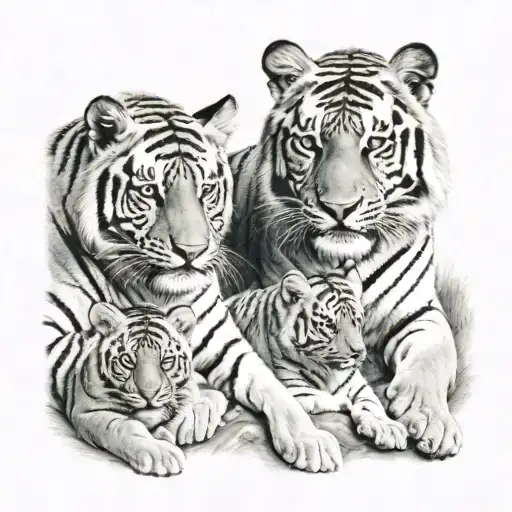 Male Tiger Watching Over Two Tiger Cubs Playing
