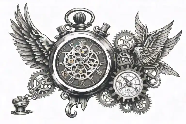 Voture Spred Wings Closely Standing On A Broken Watch Big And Small Parts Of Gear