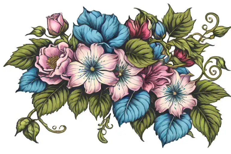 Pink And Blue Morning Glories And Peonies Vine Wrapping