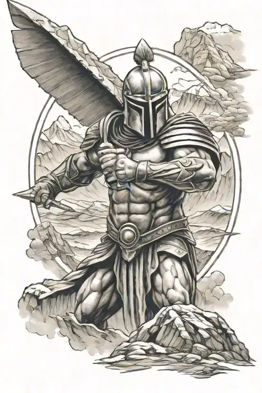 Battle Hardened Spartan Warrior Wielding A Sword Surrounded By Mountains