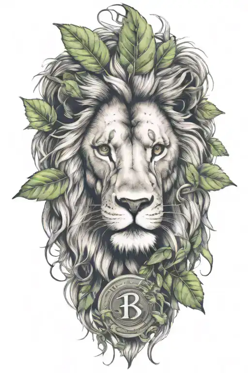 An Intricate Tattoo Of A Lion's Head With A Money Symbol In Its Eyes And Weed Leaves As The Mane