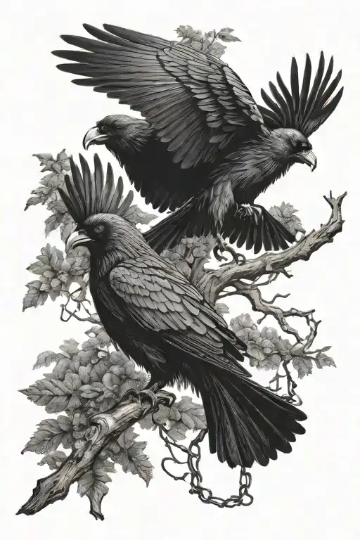 Odin's Ravens Flying With Tree Intertwined