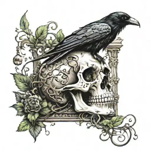 Raven Sitting On A Skull On Top Of An Hour Glass Wrapped In Vines