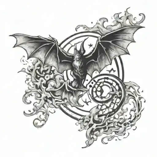 Cloudy Flames Music Note Intertwined Bats Flying Moonlit