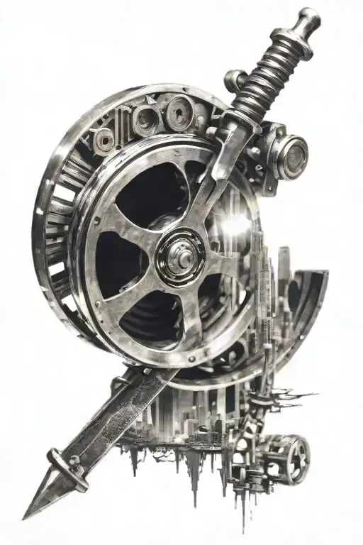 A Sword Piercing Through A Film Reel With City Skyline In The Background